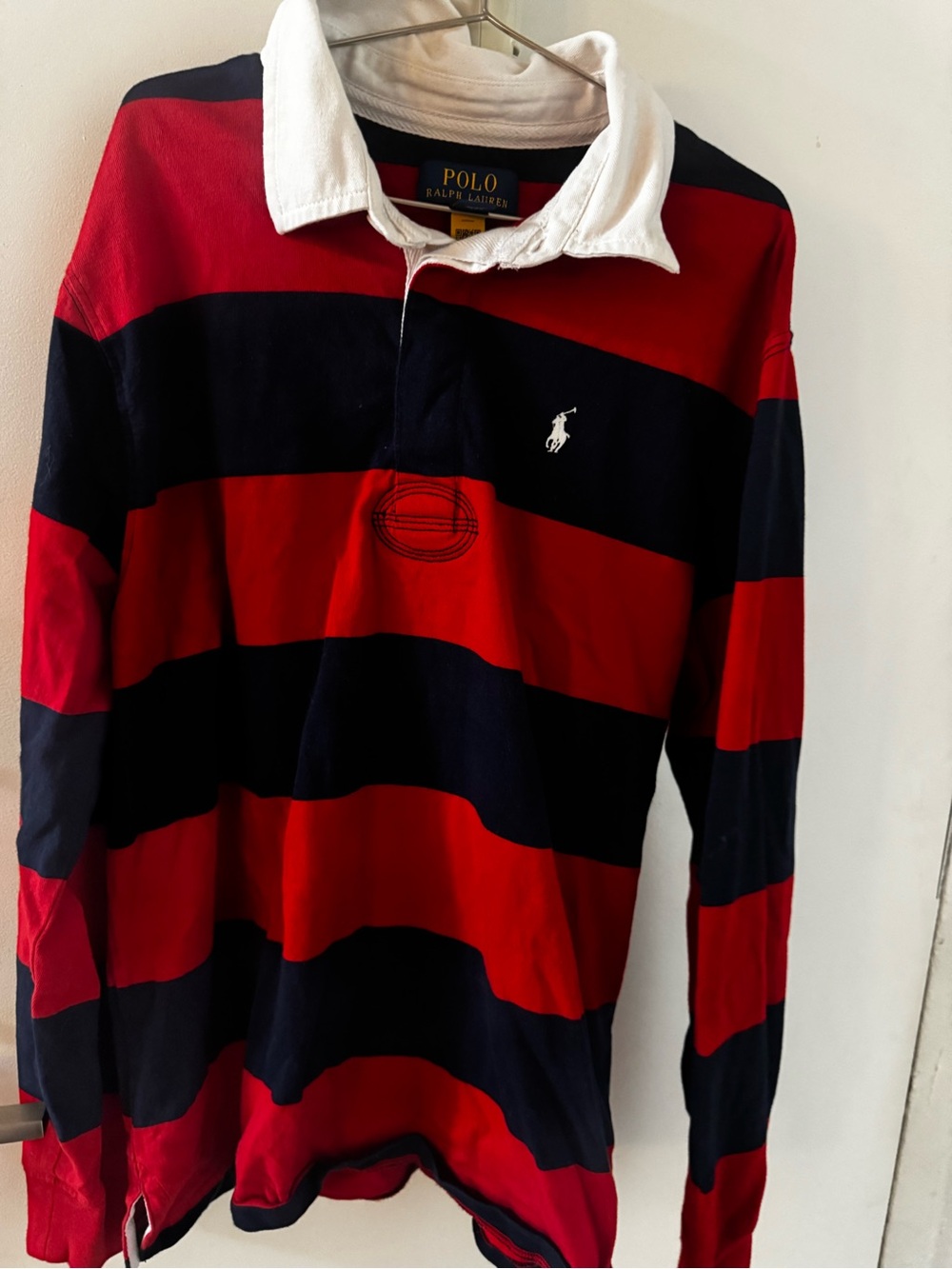 Boys Polo by Ralph Lauren Red, Navy & White Striped Rugby Label View
